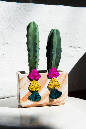 Handmade Woven Junco Boho Earrings / Pink, Yellow, Green - Eye Heart Curated
