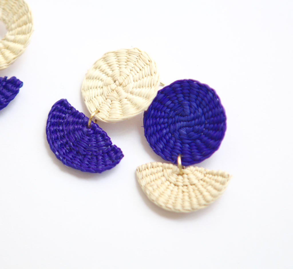 Handmade Woven Junco Boho Earrings - Purple & Off-White - Eye Heart Curated