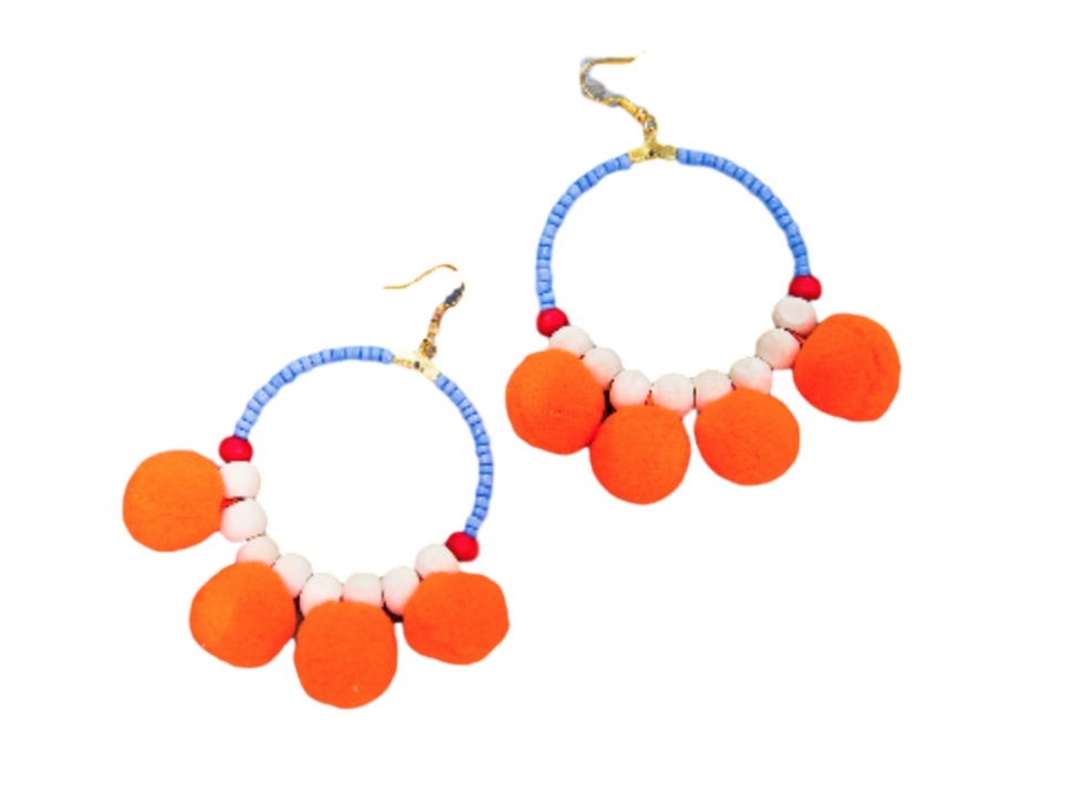 Handmade Beaded Hoop Pom Pom Earrings - Pink&Orange