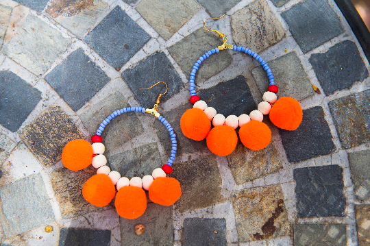 Handmade Beaded Hoop Pom Pom Earrings - Pink&Orange - Eye Heart Curated